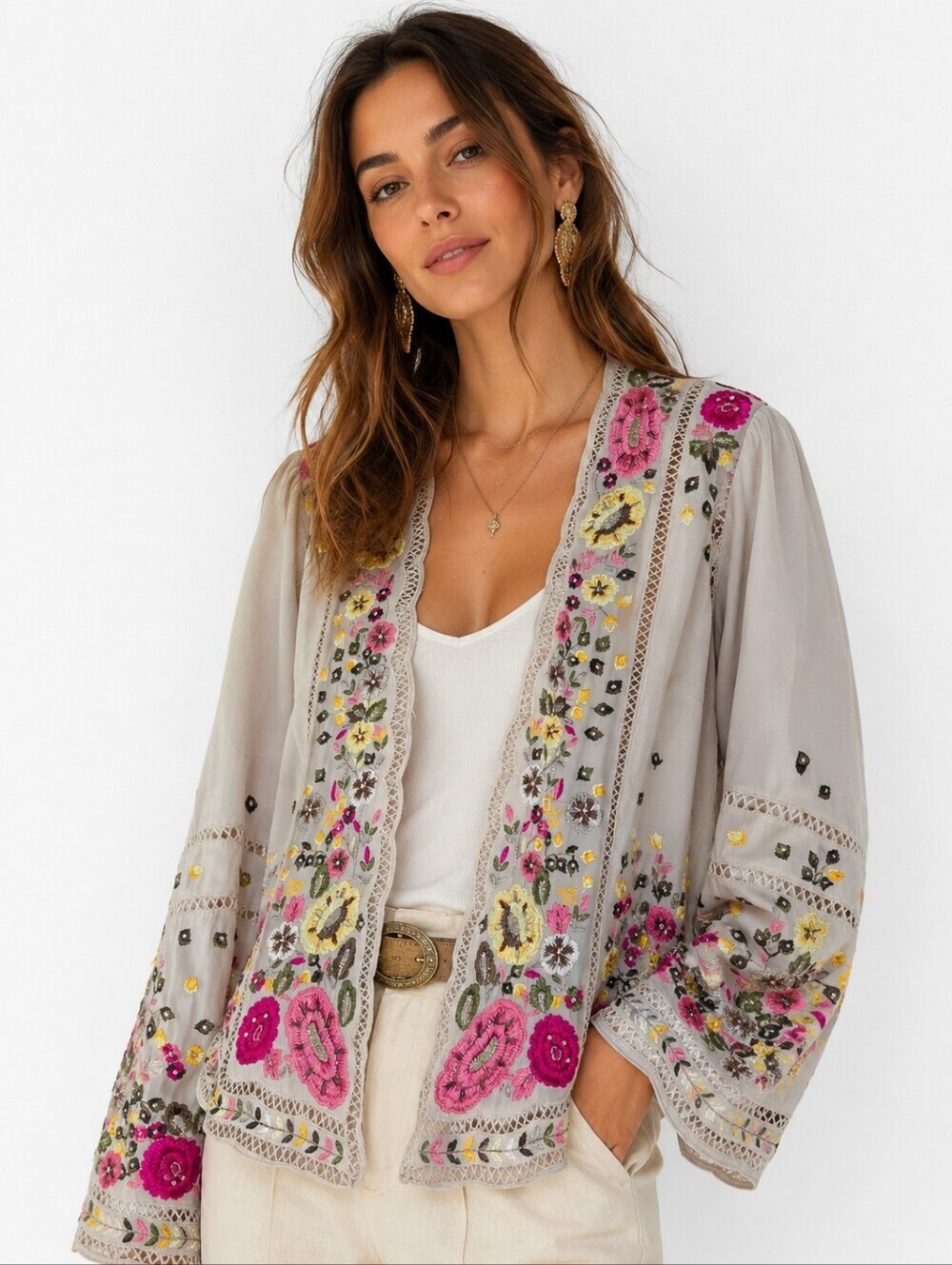 Haute Hippie Women's Silk Embroidered Open Front Boho Floral Jacket Size 10